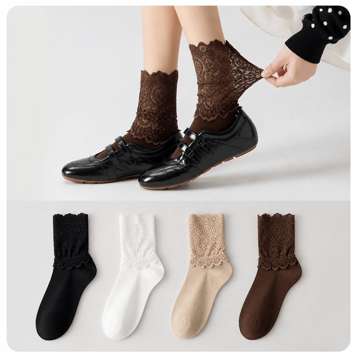 Chaussettes élégantes à revers en dentelle florale (4 paires) - image 0