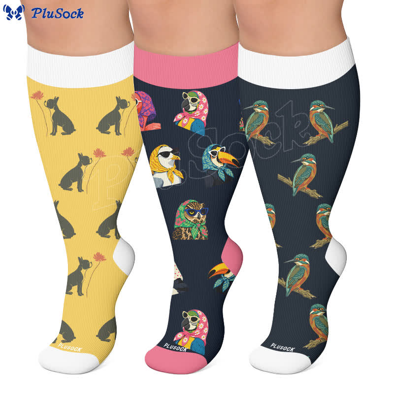 Chaussettes de compression grandes tailles à motif chat et oiseau - image 0