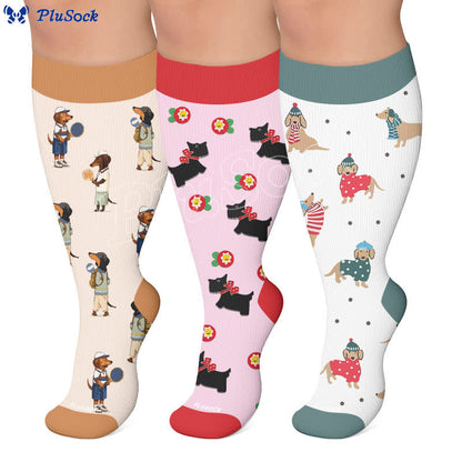 Chaussettes de compression fleuries à motif chiot joueur grande taille - image 0