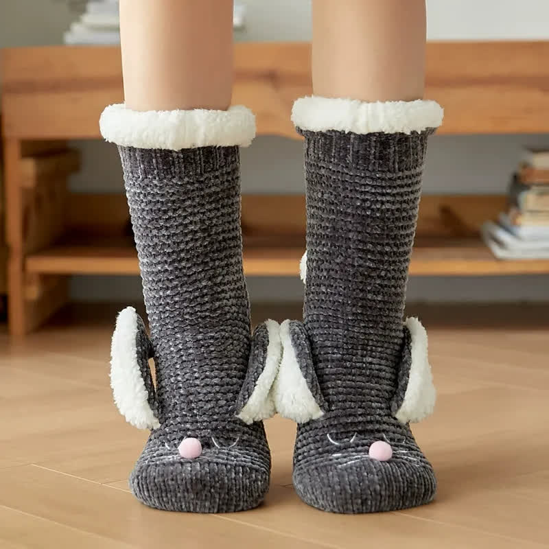 Chaussettes-chaussons douillettes doublées en polaire à motif lapin - Gris foncé - 42(US2-8) - image 3