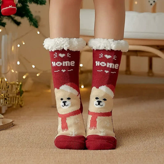 Chaussettes-chaussons douillettes en sherpa avec ours de Noël - Vin + Rouge - 42(US2-8) - image 0