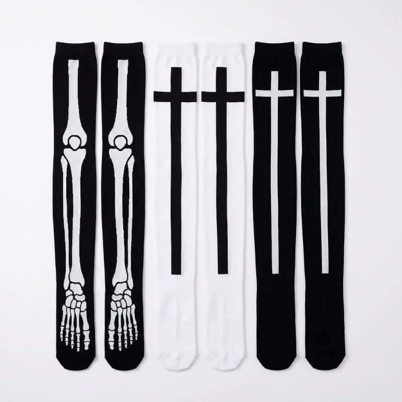 Chaussettes hautes amusantes à motif squelette pour Halloween (3 paires) - Multicolore - UE36-43 (US3-9) - image 0