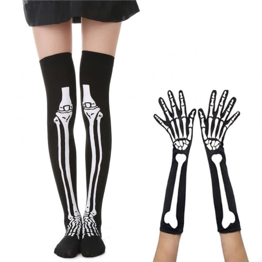 Ensemble chaussettes hautes et gants squelette d'Halloween - Ensemble moyen - UE36-43 (US3-9) - image 1