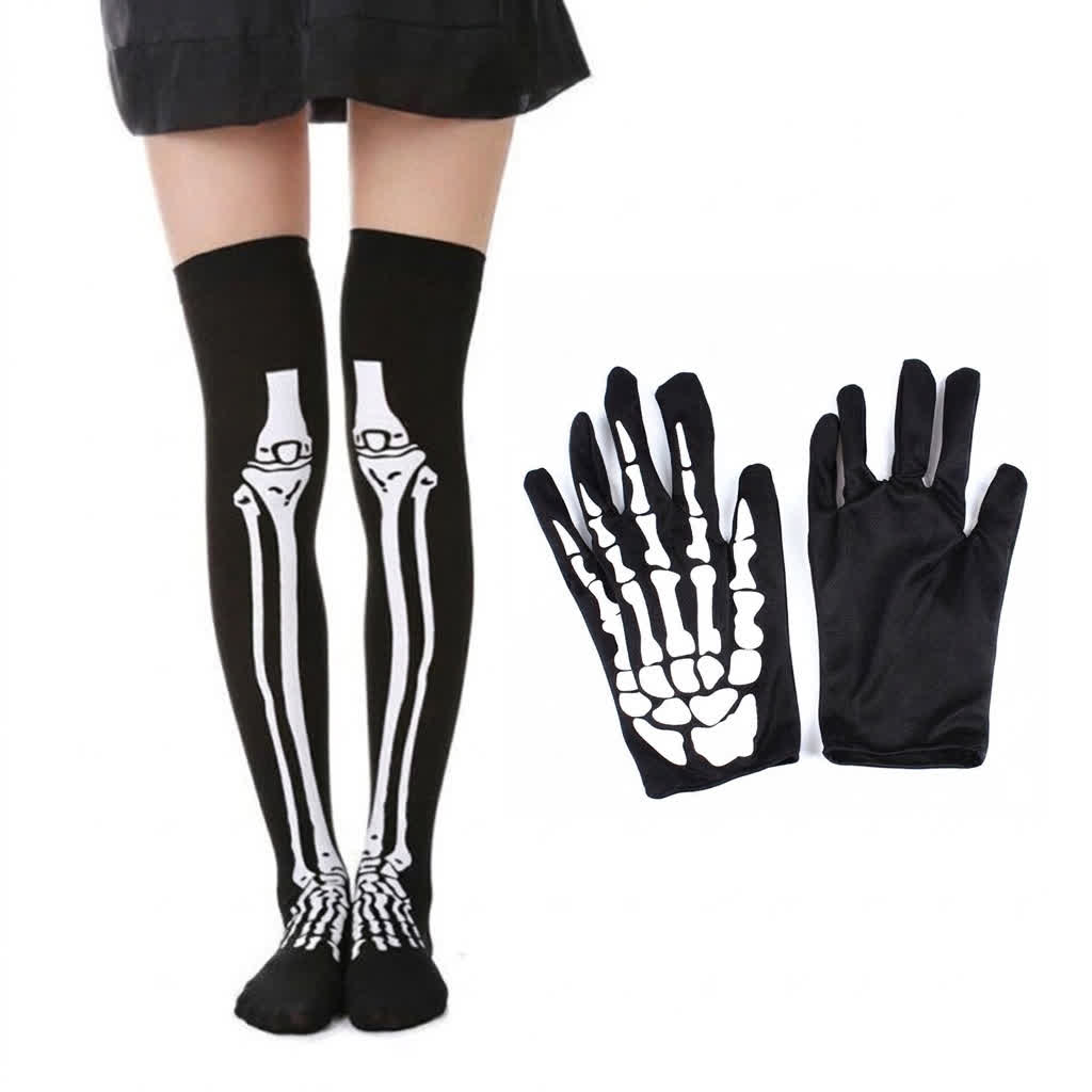 Ensemble chaussettes hautes et gants squelette d'Halloween - Ensemble court - UE36-43 (US3-9) - image 0