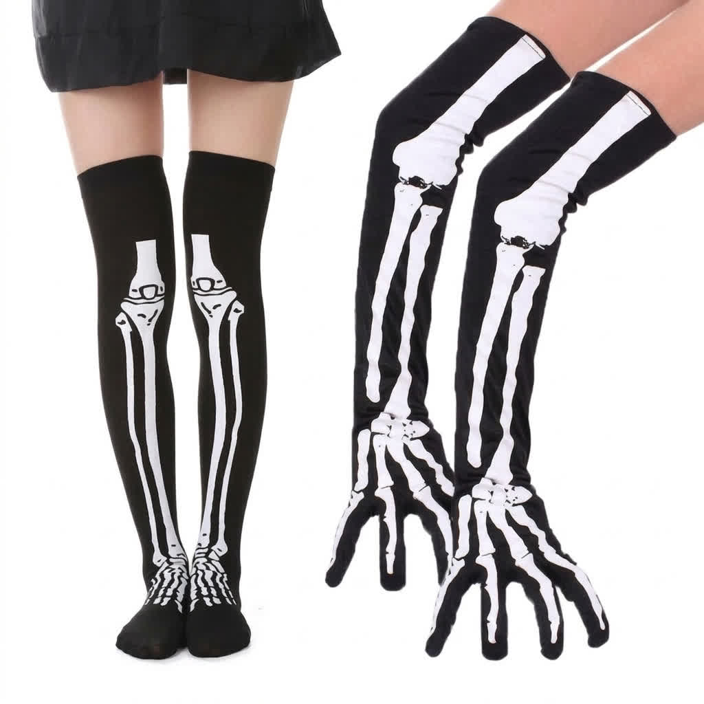 Ensemble chaussettes hautes et gants squelette d'Halloween - Long Set - UE36-43 (US3-9) - image 2