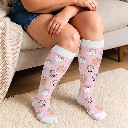 Chaussettes de compression roses à tête de mort fantôme grande taille - image 1