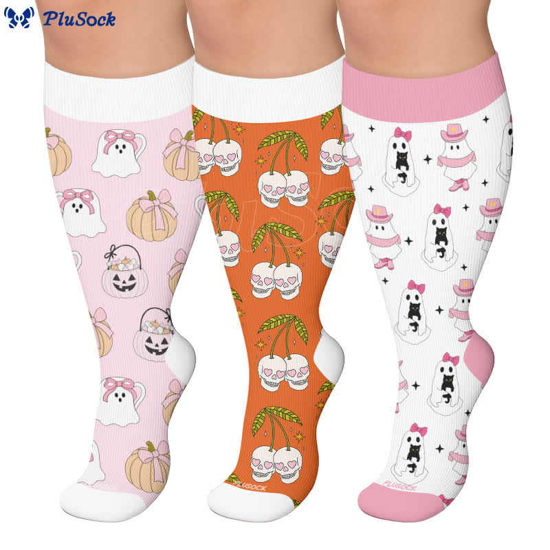 Chaussettes de compression roses à tête de mort fantôme grande taille - image 0