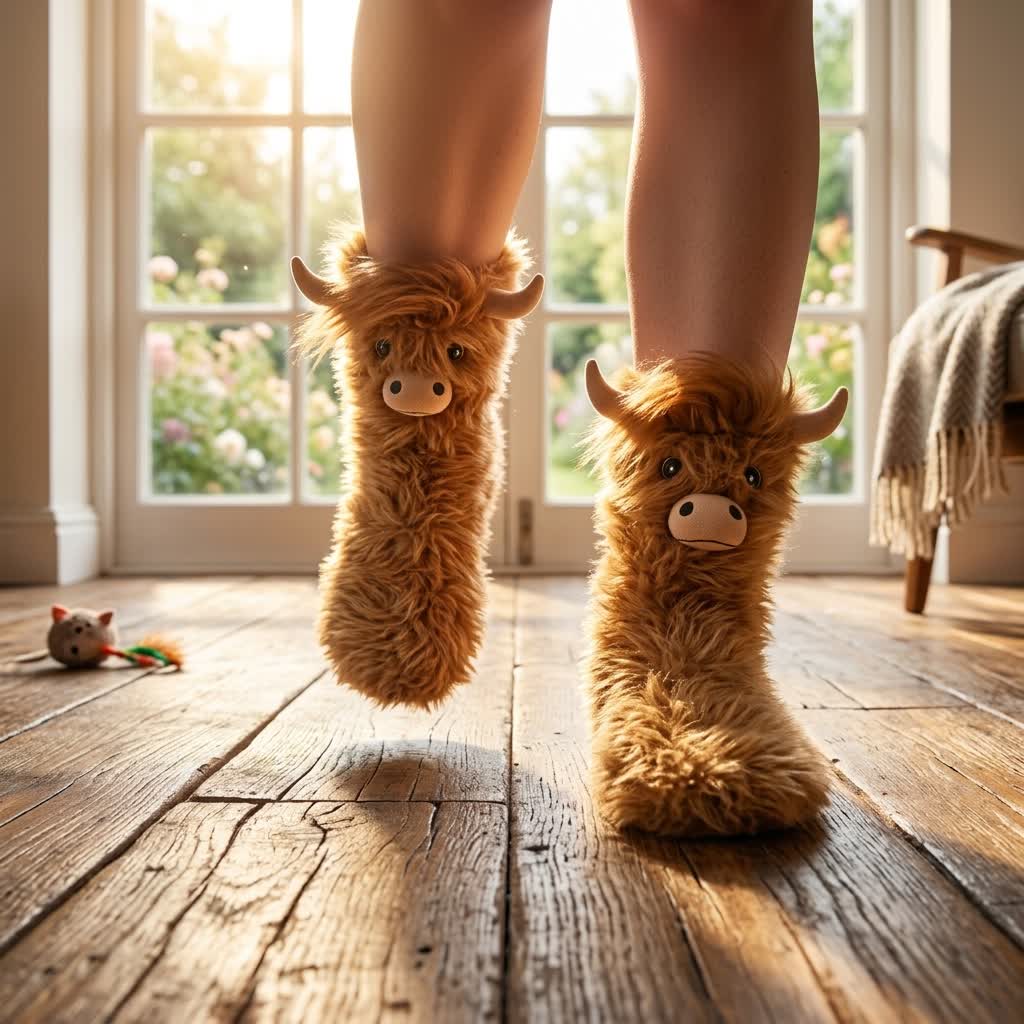 Chaussettes-chaussons confortables à motif vache des Highlands - image 1