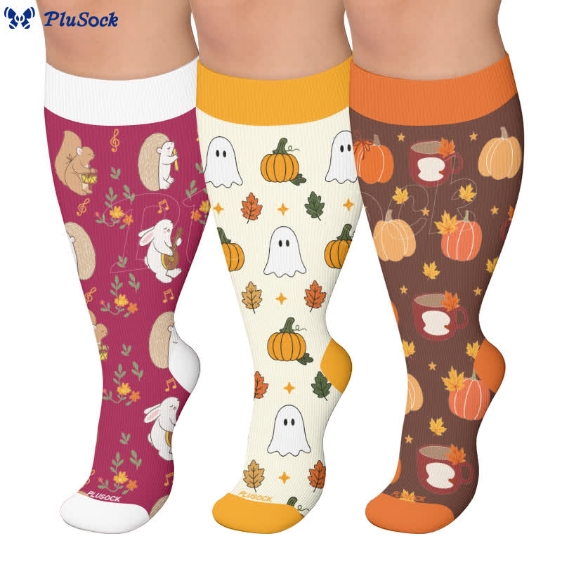 Chaussettes de compression grandes tailles Automne Citrouille Fantôme - image 0