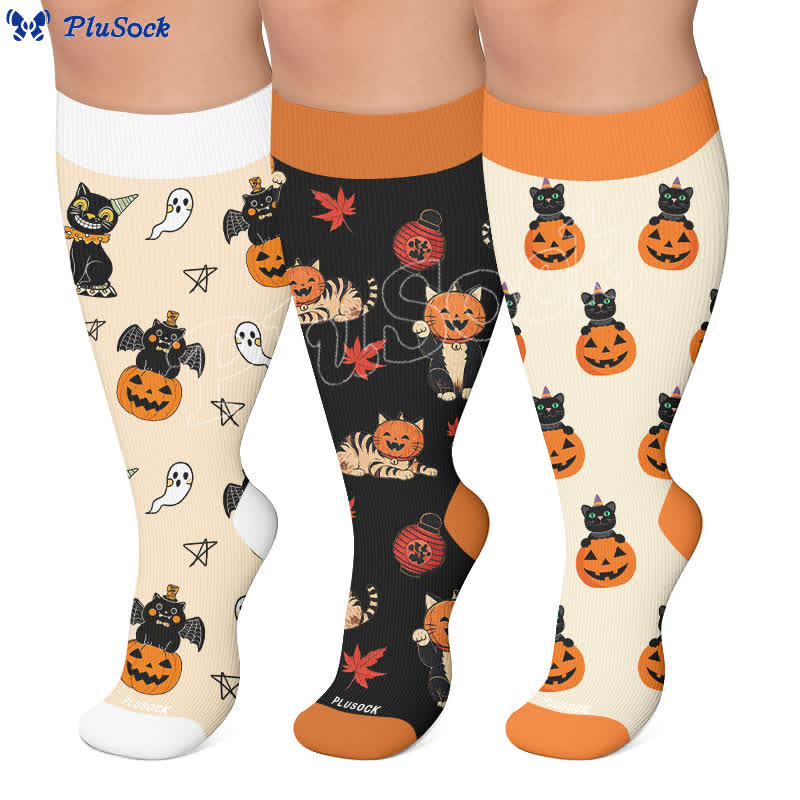 Chaussettes de compression grandes tailles Pumpkin Cat - image 0