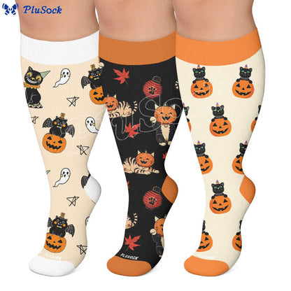 Chaussettes de compression grandes tailles Pumpkin Cat - image 0