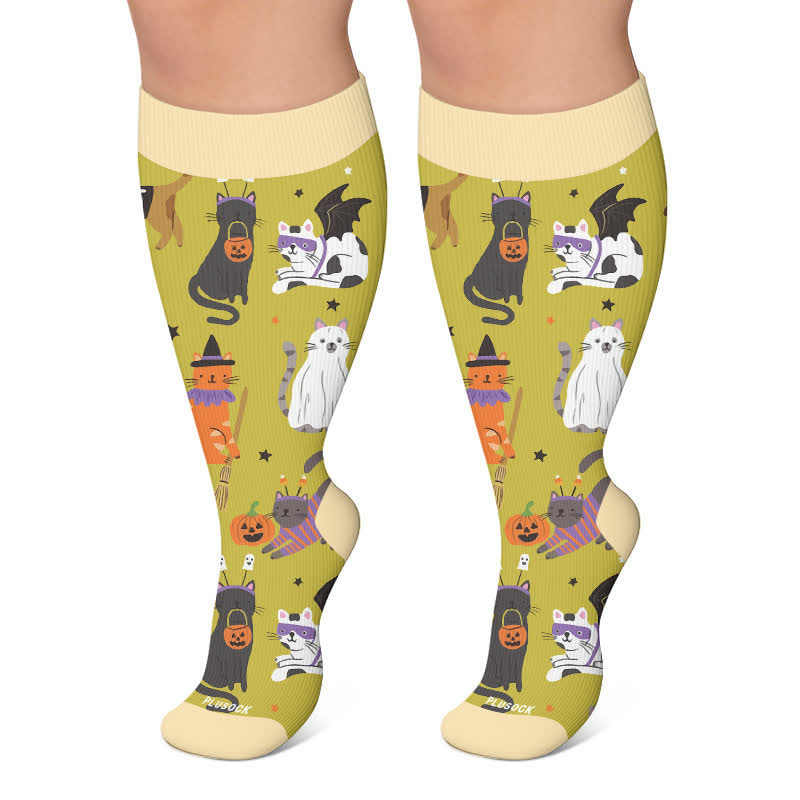 Chaussettes de compression grandes tailles à motifs chats effrayants - Vert - 4XL - image 6