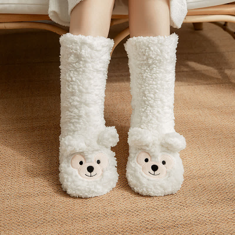 Chaussettes-chaussons mi-mollet duveteuses à motif ours blanc - Blanc - EU36-41(US3-7.5) - image 0