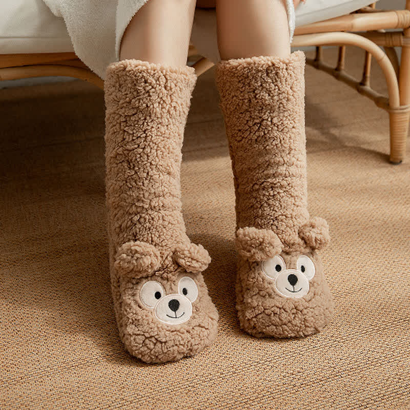 Chaussettes-chaussons mi-mollet duveteuses à motif ours blanc - Chameau - EU36-41(US3-7.5) - image 1