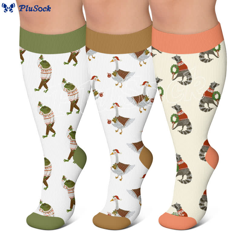 Chaussettes de compression grandes tailles à motifs animaux de Noël - image 0