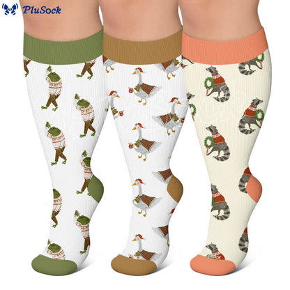 Chaussettes de compression grandes tailles à motifs animaux de Noël - image 0