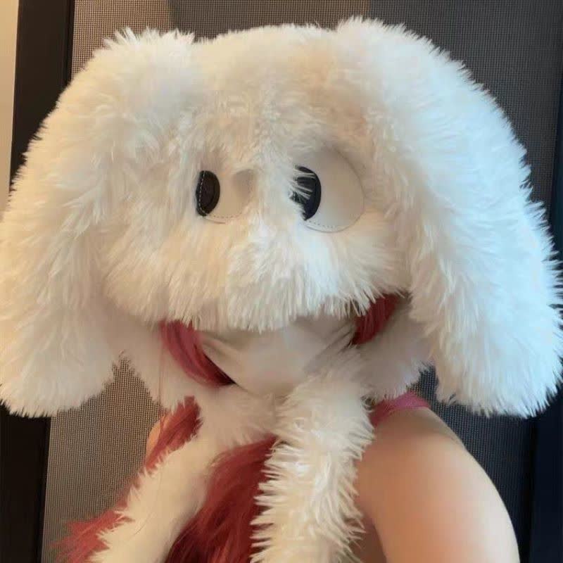Chapeau en peluche rose fuchsia avec de grands yeux mignons de dessin animé - Beige - One Size - image 1