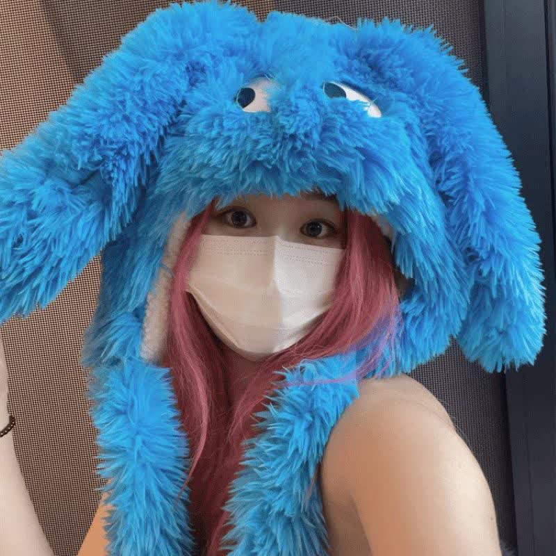 Chapeau en peluche rose fuchsia avec de grands yeux mignons de dessin animé - Bleu - One Size - image 2