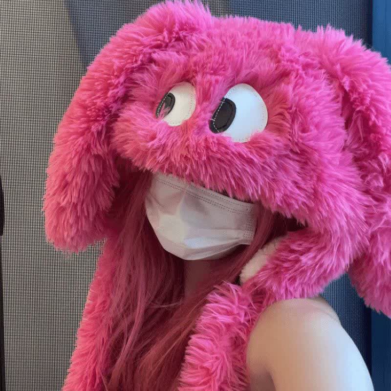 Chapeau en peluche rose fuchsia avec de grands yeux mignons de dessin animé - Fuchsia - One Size - image 0