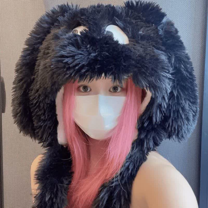Chapeau en peluche rose fuchsia avec de grands yeux mignons de dessin animé - Noir - One Size - image 3