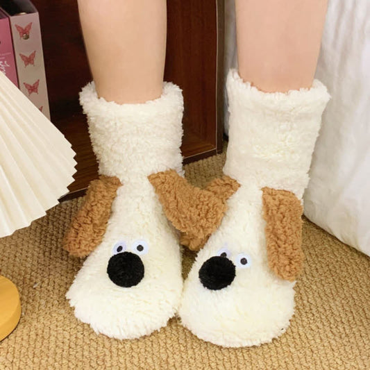 Chaussettes-chaussons kaki à motif chiot aux yeux globuleux - Beige - 42(US3-8) - image 0