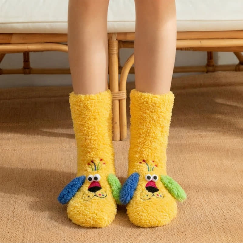 Chaussettes-chaussons jaunes à motif chiot à oreilles dépareillées - Jaune - 42(US3-8) - image 3
