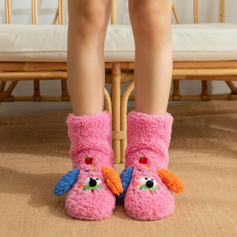 Chaussettes-chaussons jaunes à motif chiot à oreilles dépareillées - Fuchsia - 42(US3-8) - image 4