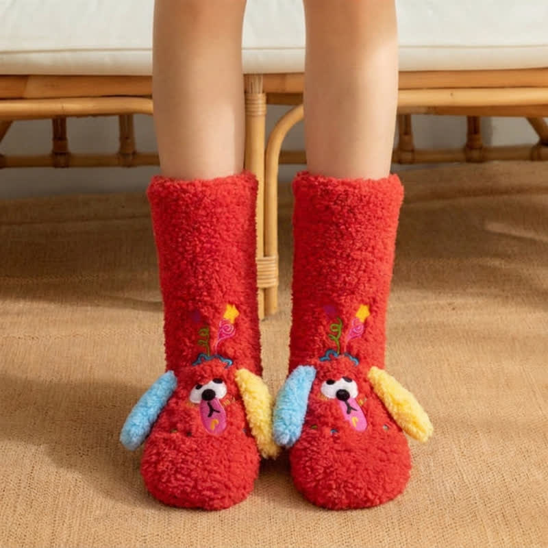 Chaussettes-chaussons jaunes à motif chiot à oreilles dépareillées - Rouge - 42(US3-8) - image 2