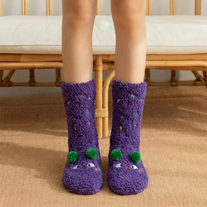 Chaussettes-chaussons roses et vertes à pompons et motifs d'animaux de dessin animé - Violet - 42(US3-8) - image 6