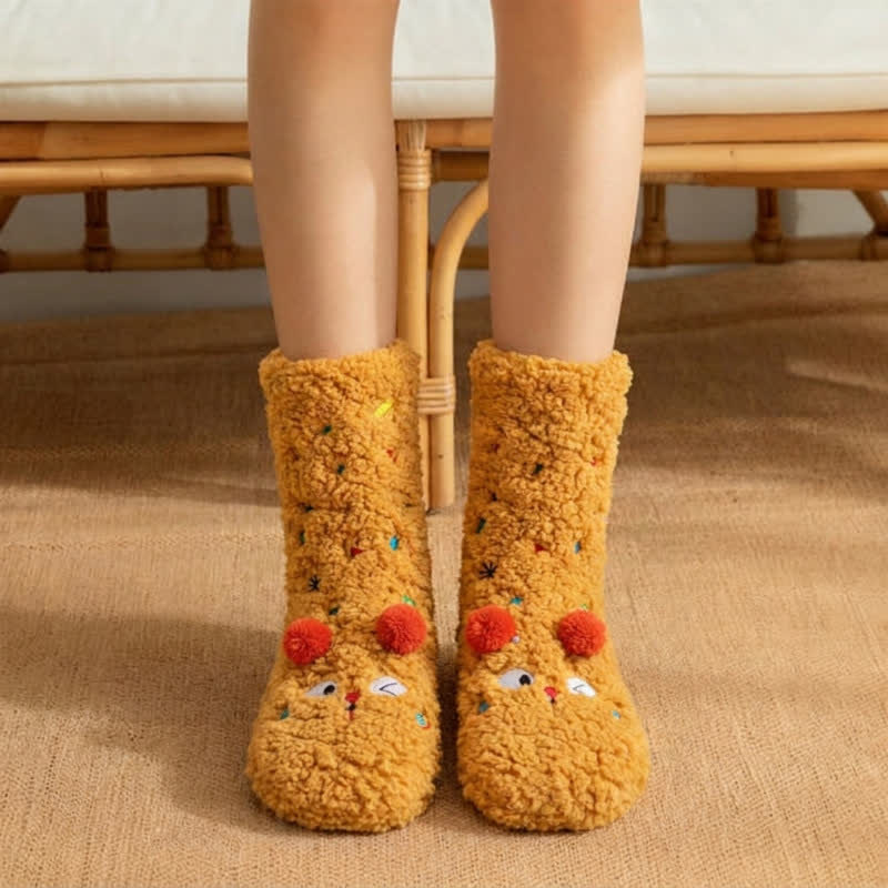 Chaussettes-chaussons roses et vertes à pompons et motifs d'animaux de dessin animé - Brun - 42(US3-8) - image 3