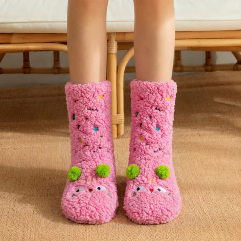 Chaussettes-chaussons roses et vertes à pompons et motifs d'animaux de dessin animé - Rose - 42(US3-8) - image 0