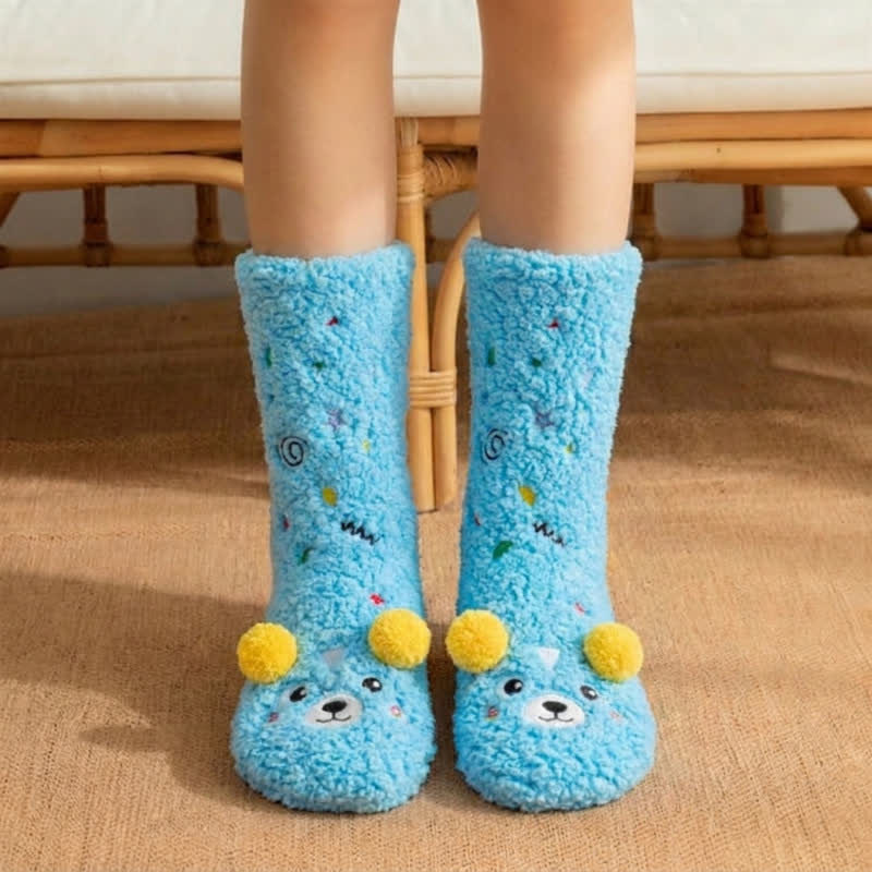 Chaussettes-chaussons roses et vertes à pompons et motifs d'animaux de dessin animé - Bleu - 42(US3-8) - image 5