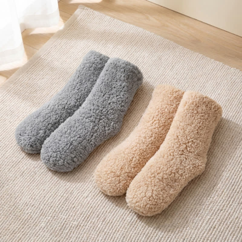 Chaussettes-chaussons blanches unies et duveteuses mi-mollet (2 paires) - Kaki + Gris - EU36-42(US3-8.5) - image 8