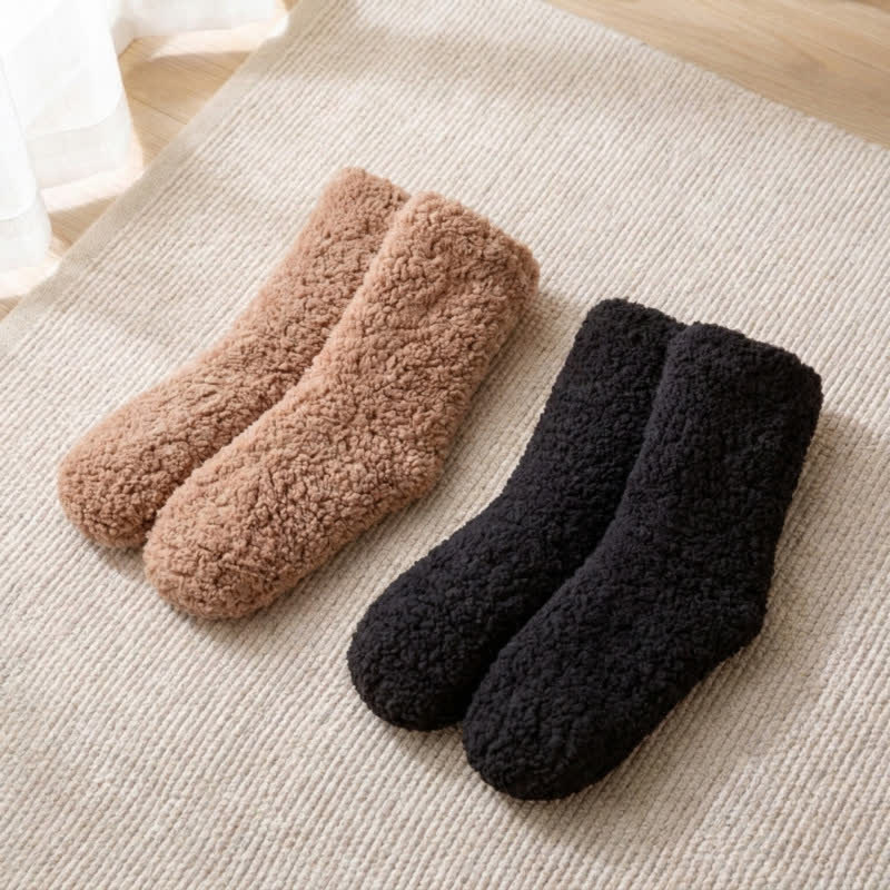 Chaussettes-chaussons blanches unies et duveteuses mi-mollet (2 paires) - Noir + Café - EU36-42(US3-8.5) - image 7
