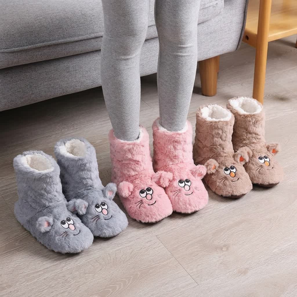 Chaussettes-chaussons duveteuses à motif chat rose de dessin animé - image 1