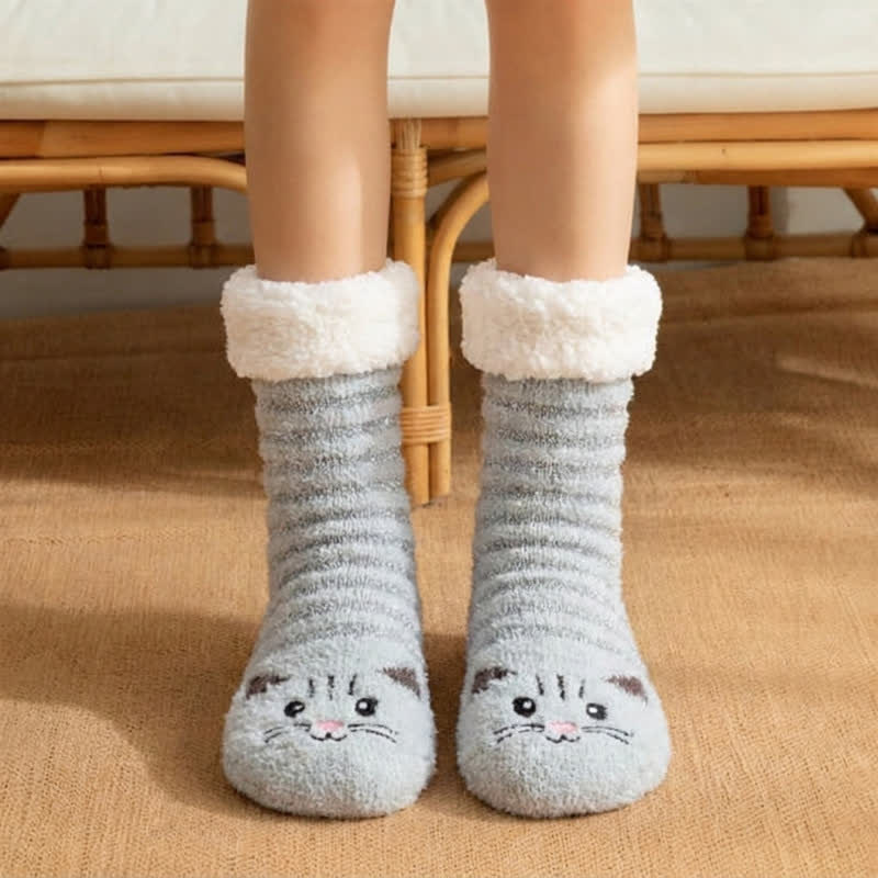 Chaussettes-chaussons à revers en peluche avec motif chat rayé gris - Vert clair - EU36-40(US3-7) - image 2