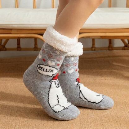 Chaussettes-chaussons à revers en peluche avec motif chat rayé gris - image 1