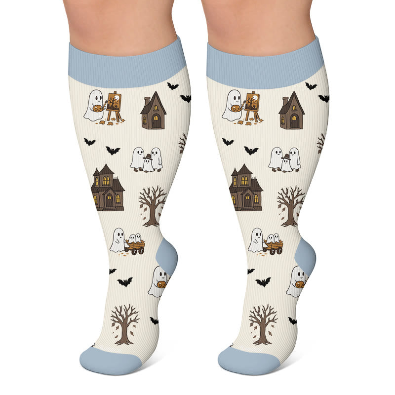 Chaussettes de compression grandes tailles motif maison hantée fantôme - Beige - 4XL - image 5