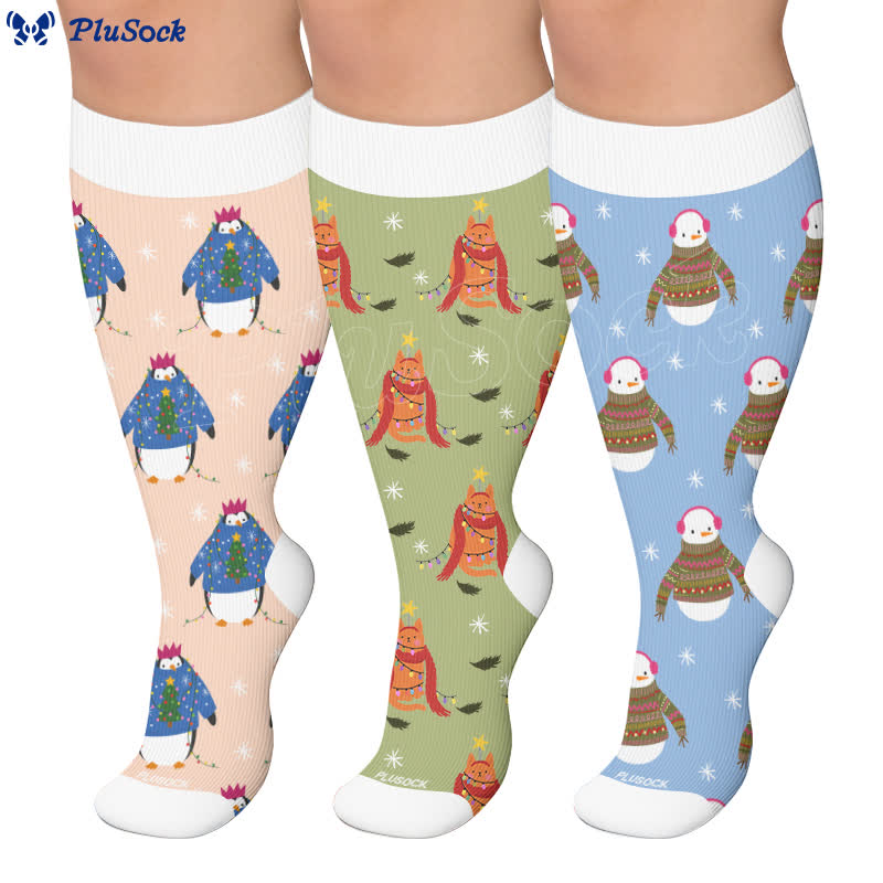 Chaussettes de compression pingouin de Noël grande taille - image 0