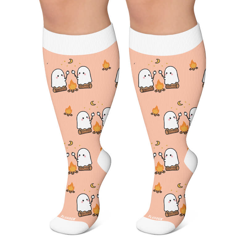 Chaussettes de compression grandes tailles à motifs fantômes et citrouilles pour feu de camp - Rose - 4XL - image 6