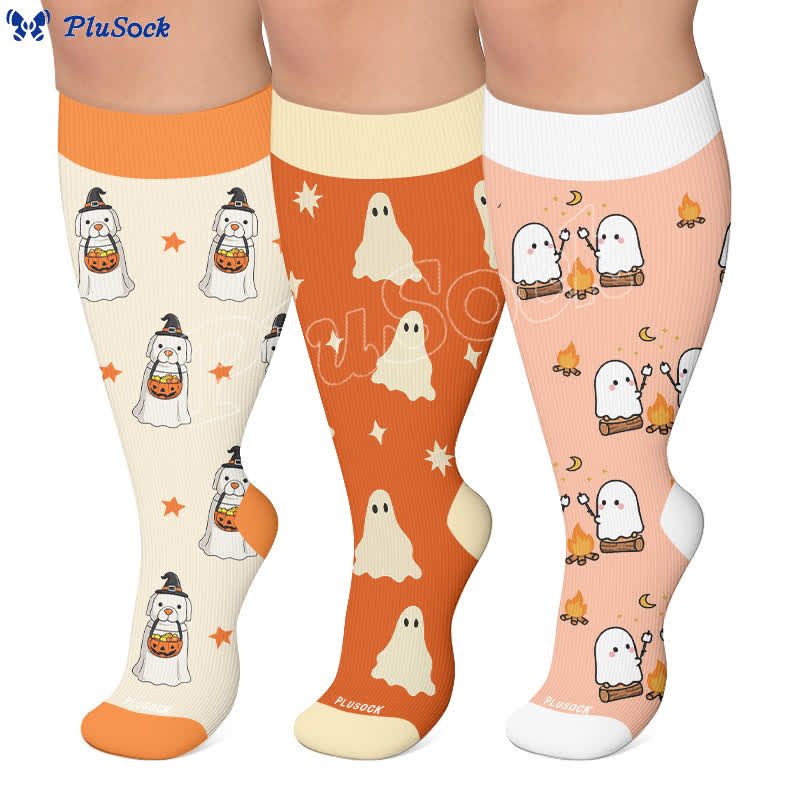 Chaussettes de compression grandes tailles à motifs fantômes et citrouilles pour feu de camp - image 0