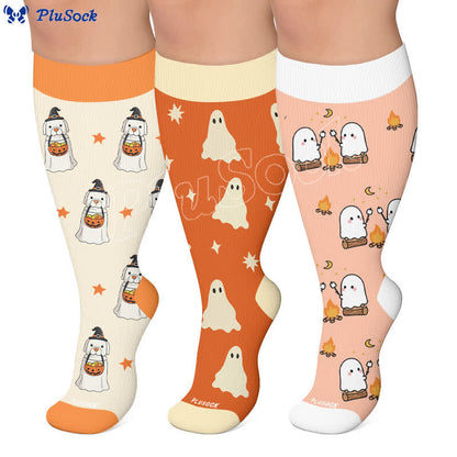Chaussettes de compression grandes tailles à motifs fantômes et citrouilles pour feu de camp - image 0
