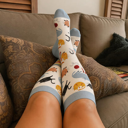 Chaussettes de compression grandes tailles à motifs chats et hérissons d'automne - image 1