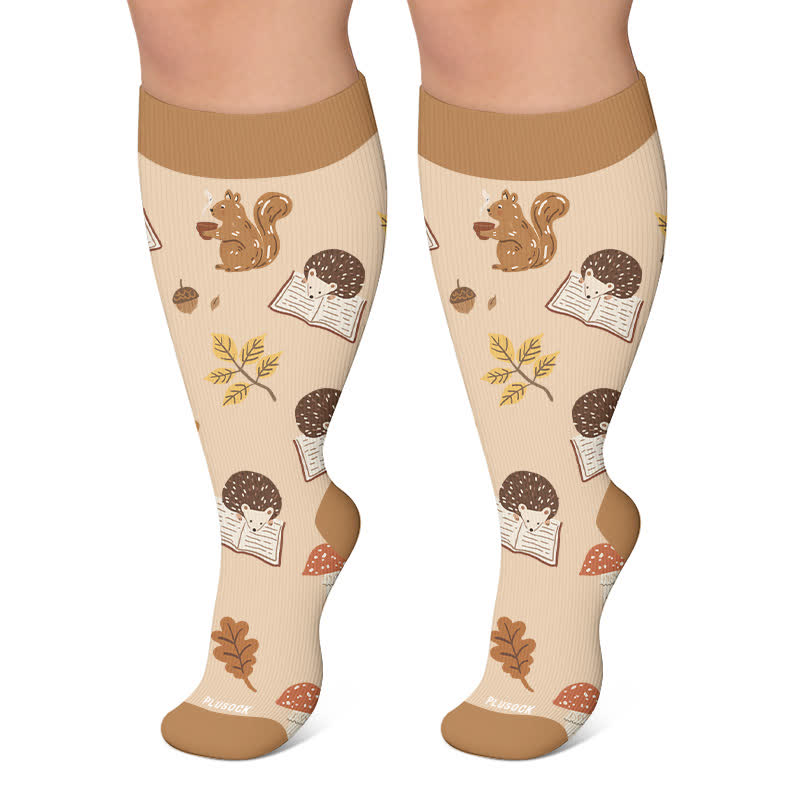 Chaussettes de compression grandes tailles à motifs chats et hérissons d'automne - Kaki - 4XL - image 5