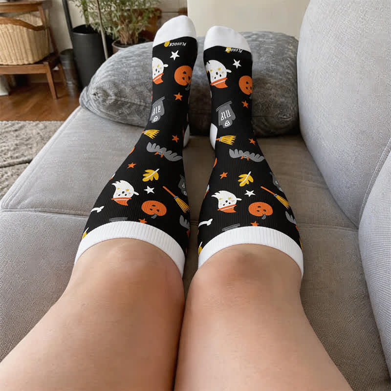 Chaussettes de compression grandes tailles à motifs citrouilles et chats noirs - image 2