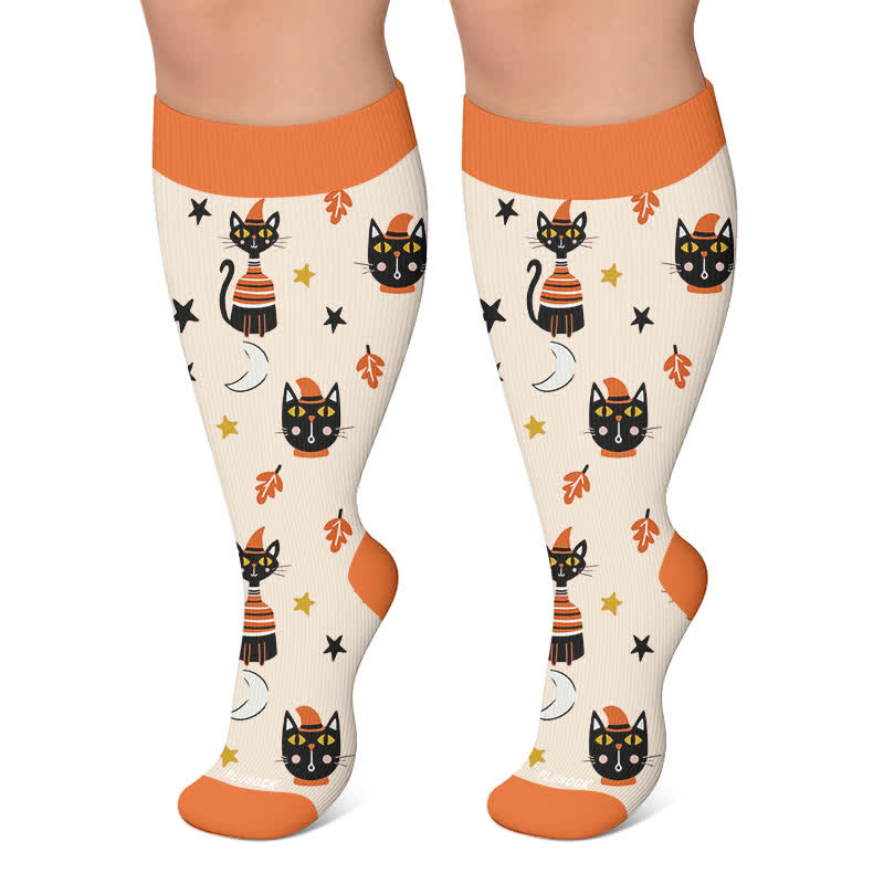 Chaussettes de compression grandes tailles à motifs citrouilles et chats noirs - Beige - 4XL - image 4