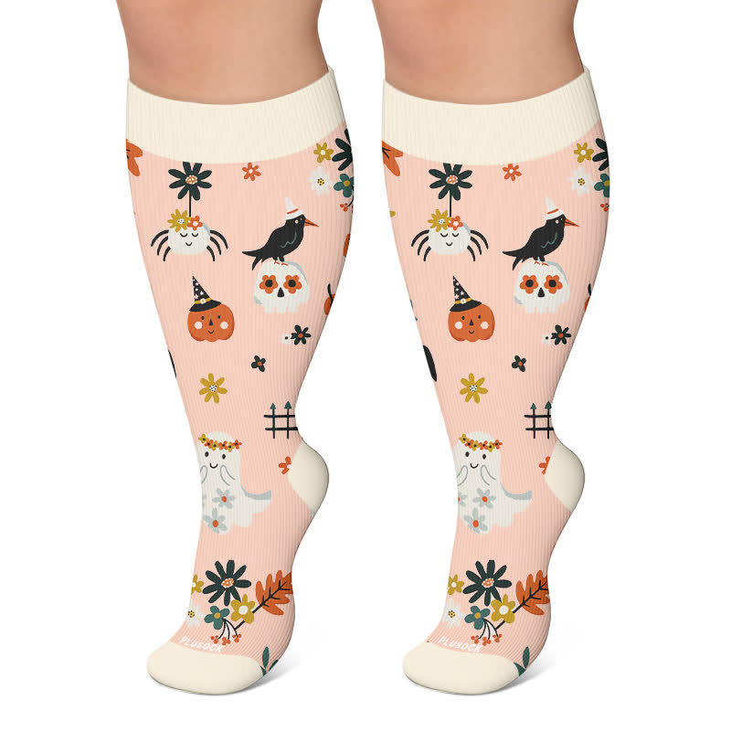 Chaussettes de compression grandes tailles à motifs citrouilles et chats noirs - Rose - 4XL - image 6