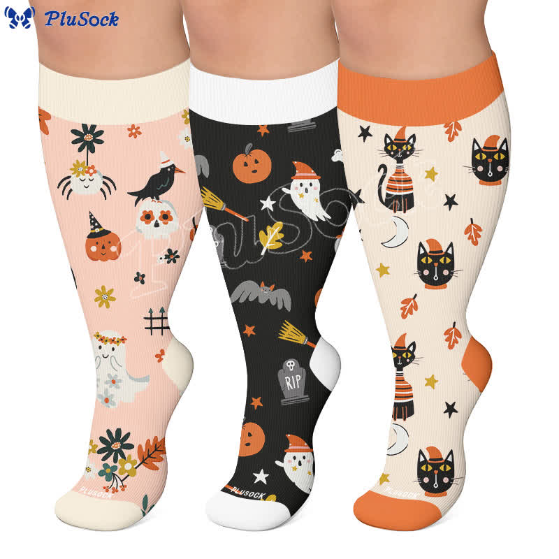 Chaussettes de compression grandes tailles à motifs citrouilles et chats noirs - image 0
