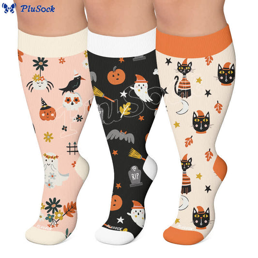 Chaussettes de compression grandes tailles à motifs citrouilles et chats noirs - image 0