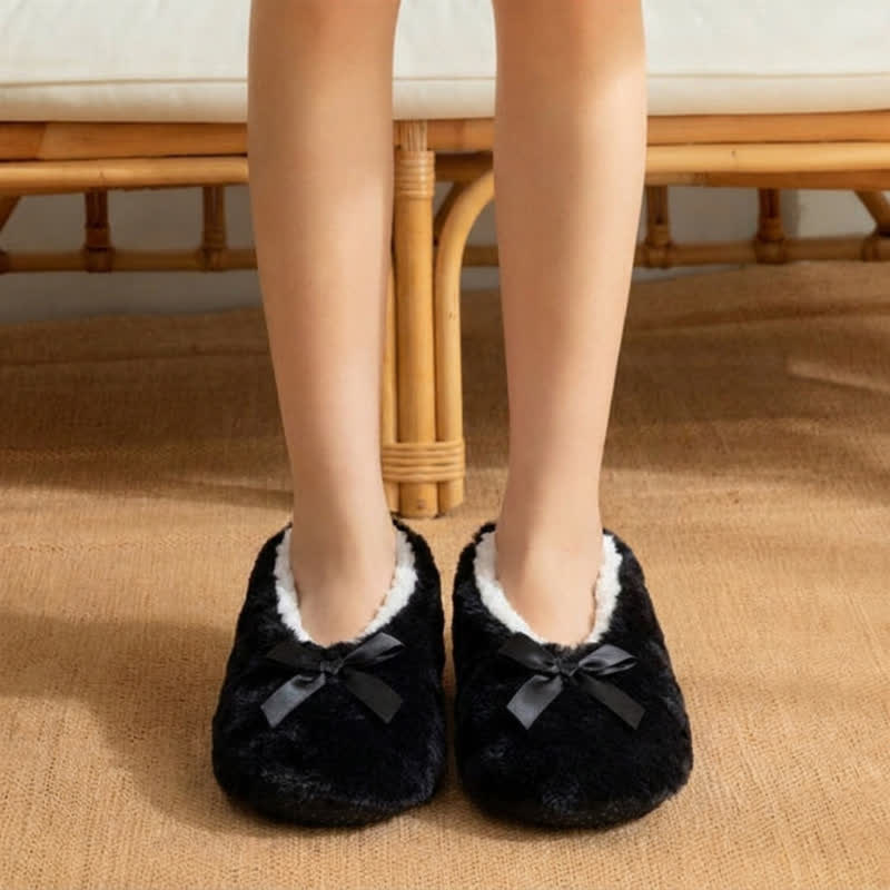 Chaussettes pantoufles d'intérieur en peluche avec nœud en satin multicolore - Noir - 40(US5-7) - image 2